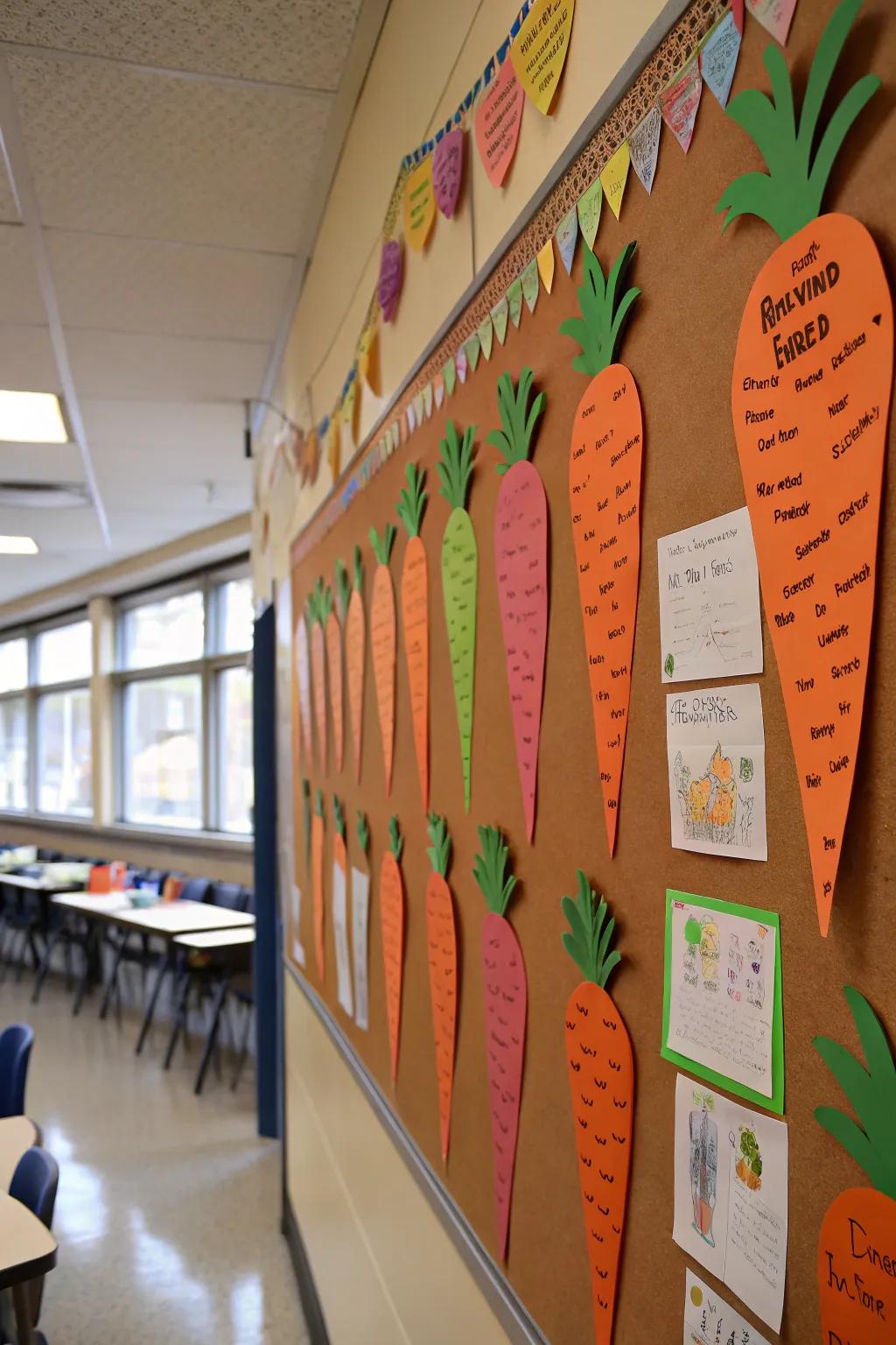 An inventive rooted stem-centric bulletin board in honor of Easter.