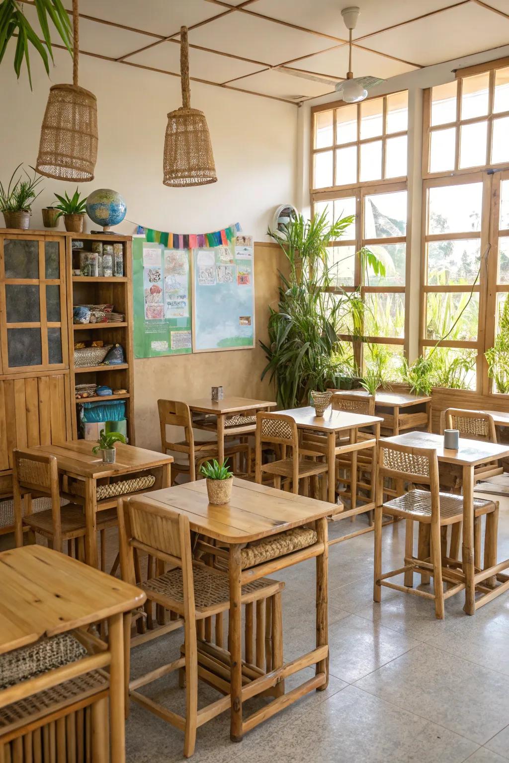 Eco-friendly materials contribute natural charm to classrooms.