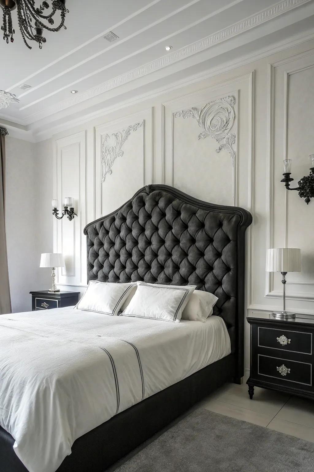 A distinctive headboard contributes an opulent nuance to this stylish space.