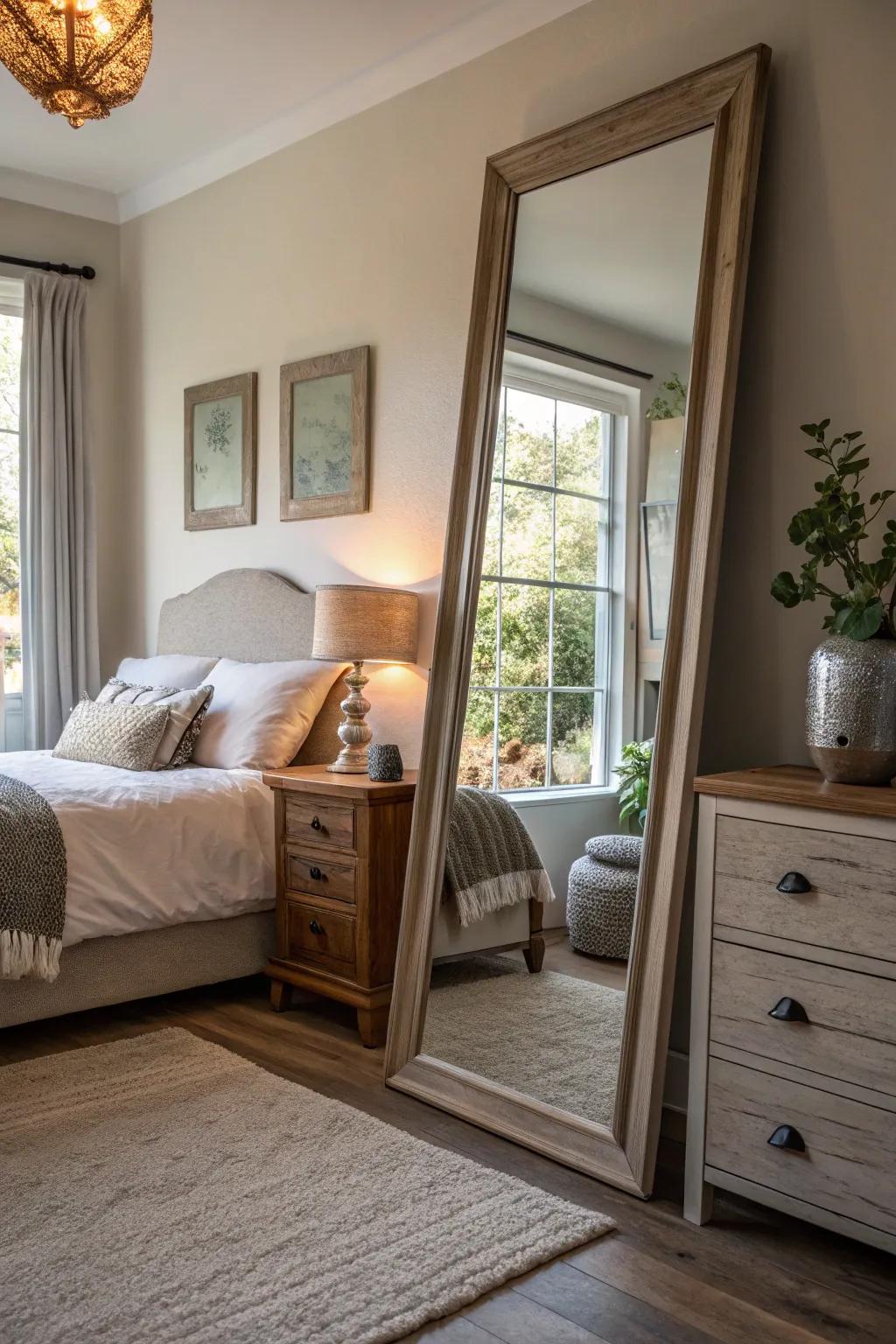 A large looking-glass adds space and enhances light in the bedroom.