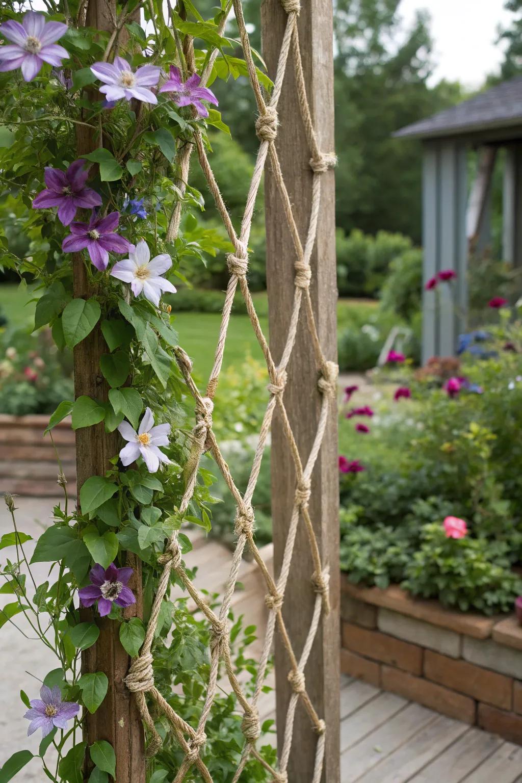 A DIY twine trellis permits inventive clematis expansion designs.