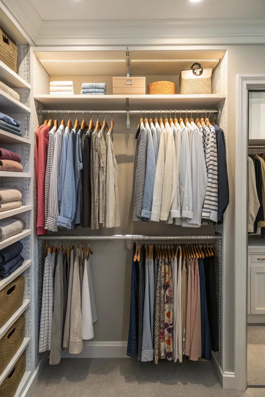 Multi-tier rods perfectly organize clothing into designated zones, streamlining your routine.