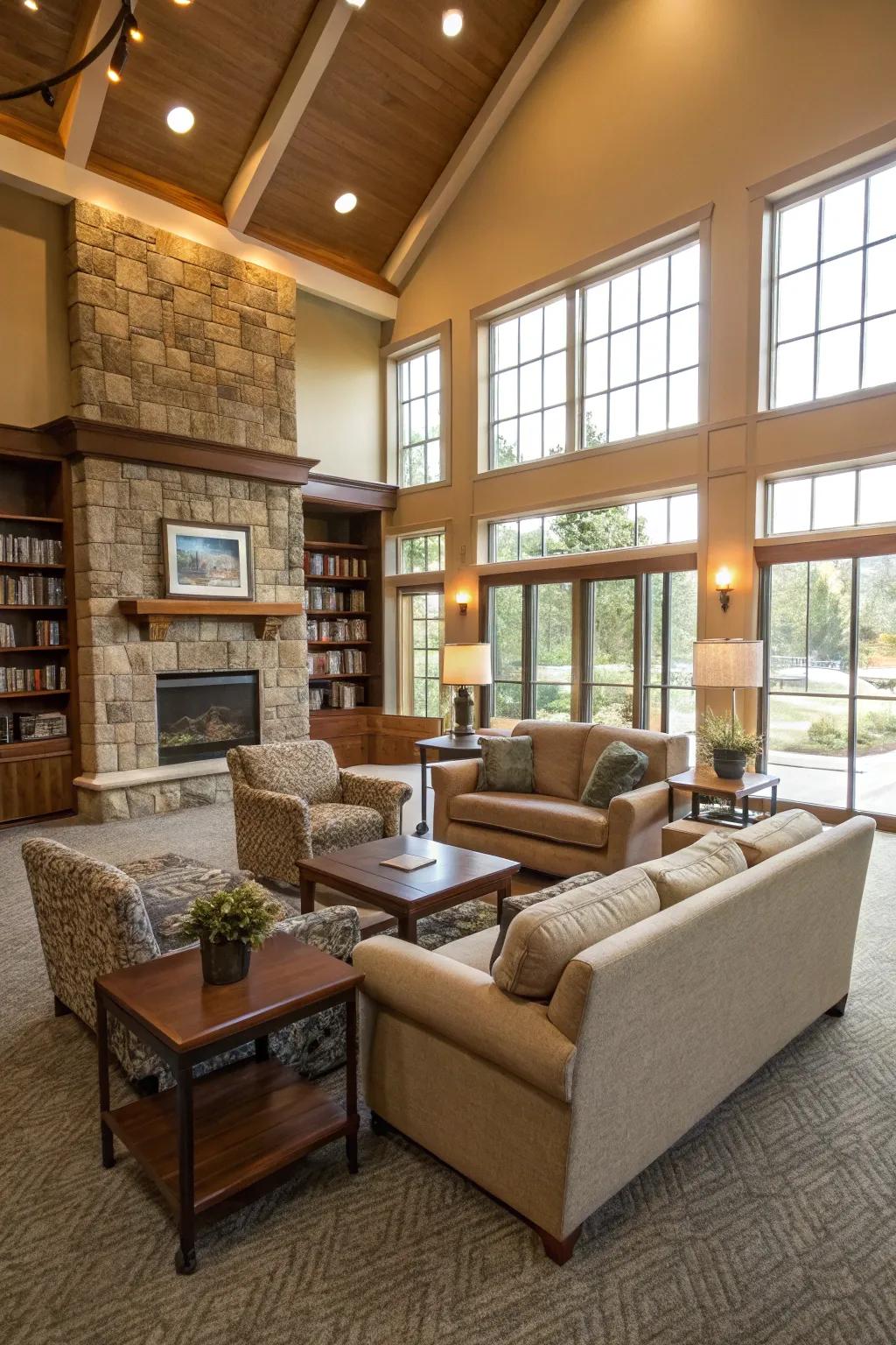 Oversized furnishings cultivating a luxurious sensation inside a clubhouse.