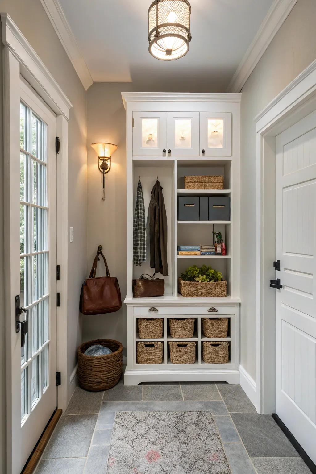 This slim cabinet keeps the area clear while providing elegant storage.