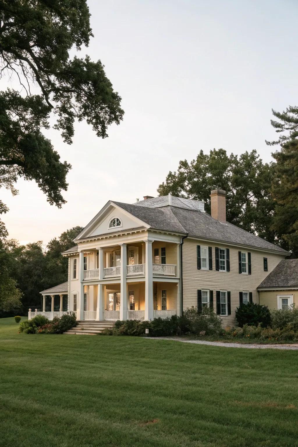 A modern colonial house featuring a sandy facade and off-alabaster trim.