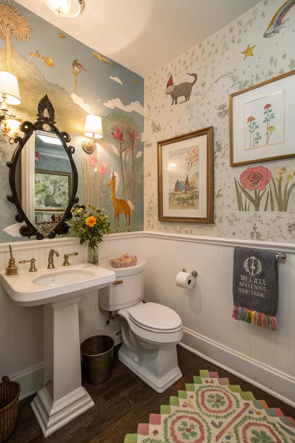 Unexpected artistry pieces bring whimsy to this multi-colored guest bathroom.