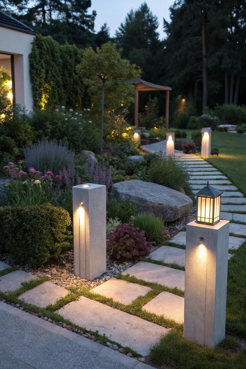 Stone-like lights: Guardians of the garden's night song.