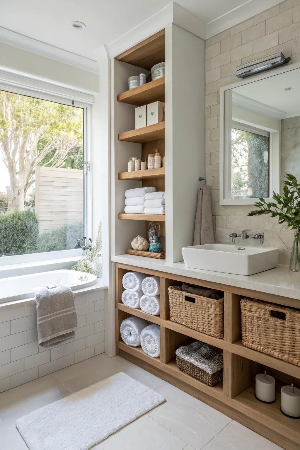 Bathroom featuring smart built-in storage solutions.