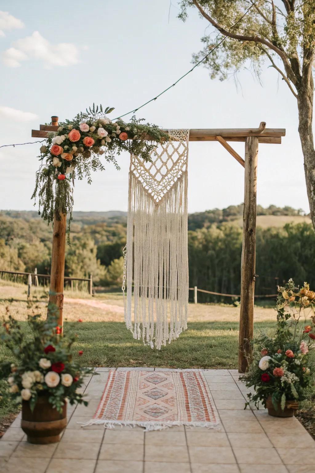 A woven wall hanging backdrop introduces texture and a boho feel.