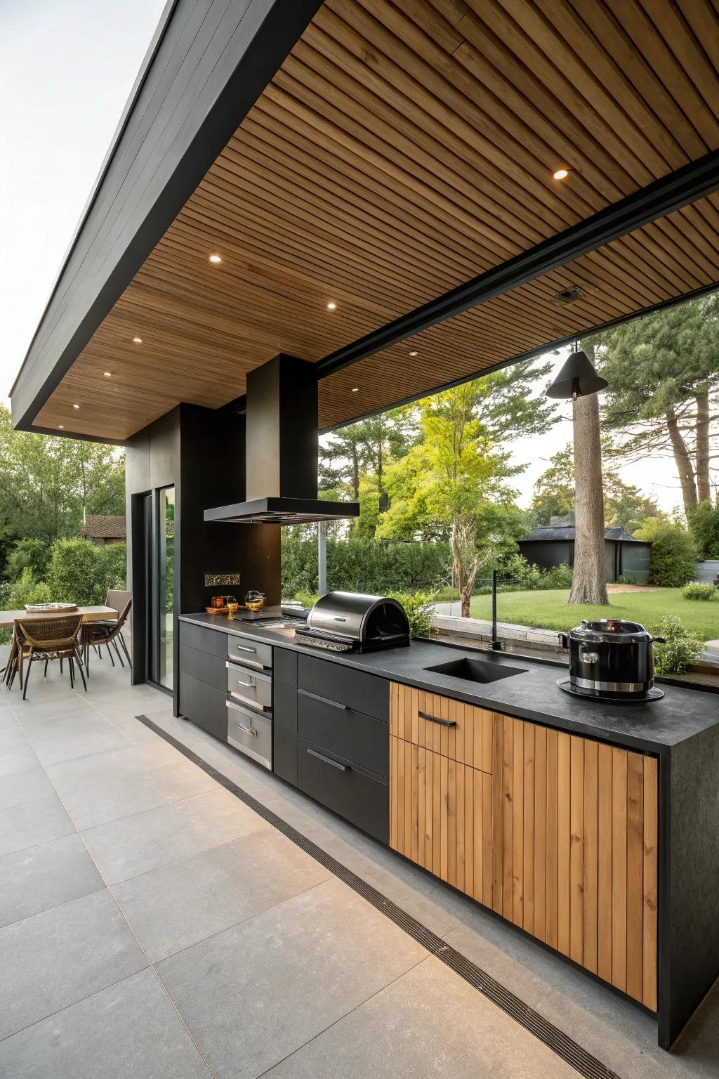 Black and timber features craft a striking contrast in your open-air kitchen.