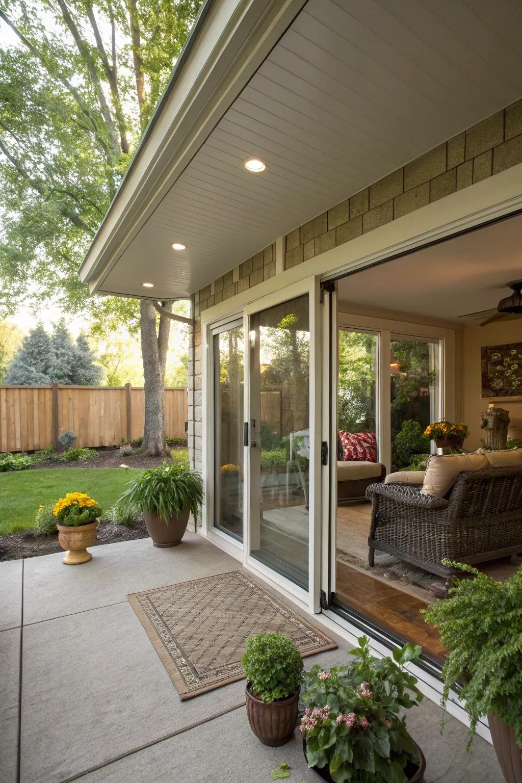 Seamless interior-exterior transition enhances the porch's usability.