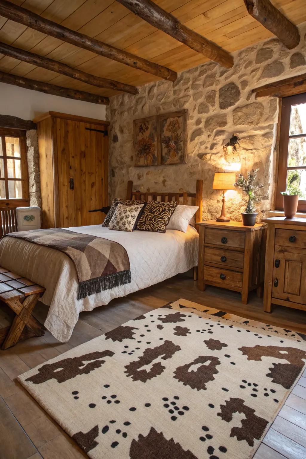 Cow print and natural materials create a warm, rustic charm.