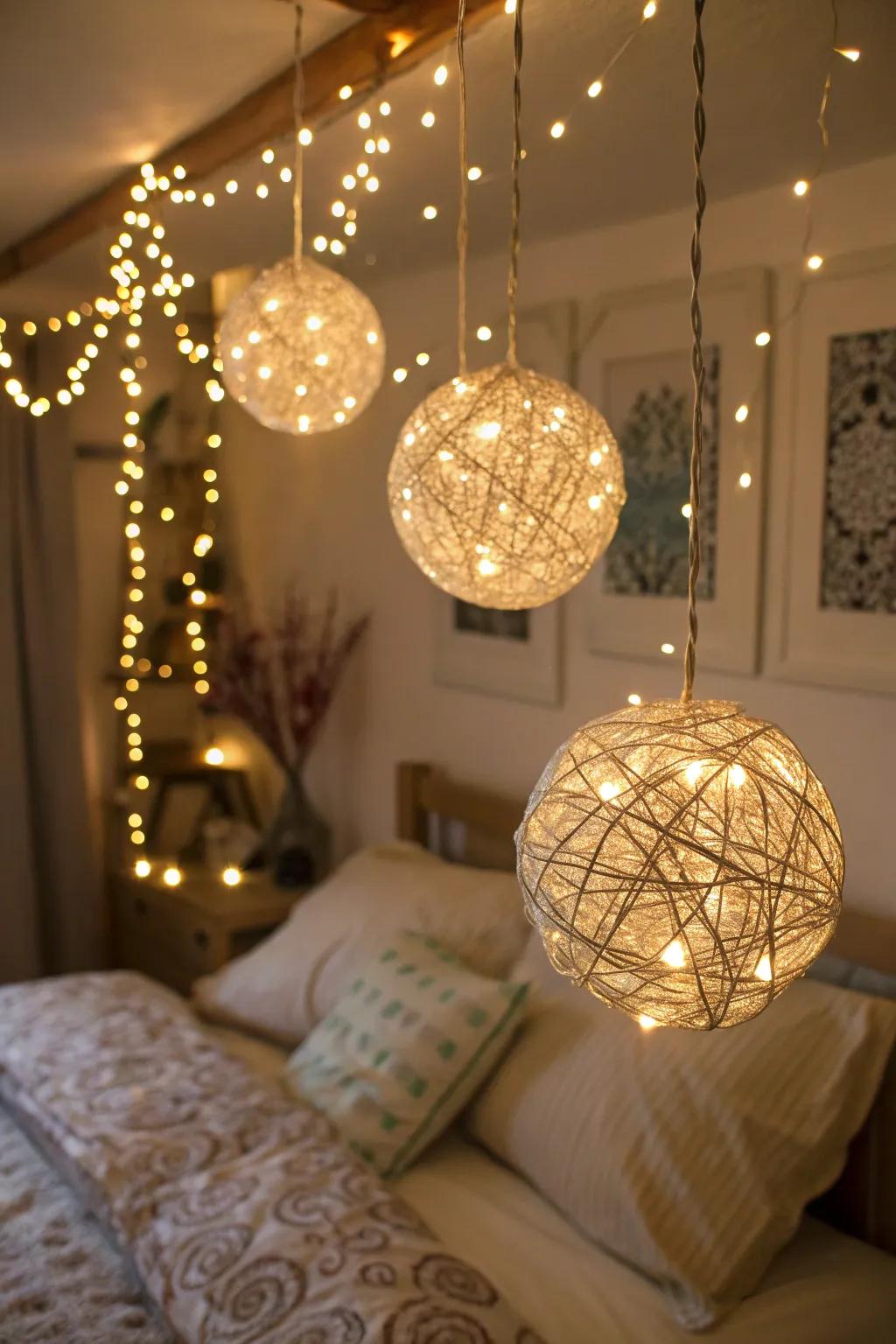 Hanging orbs made of fairy lights in a bedroom.