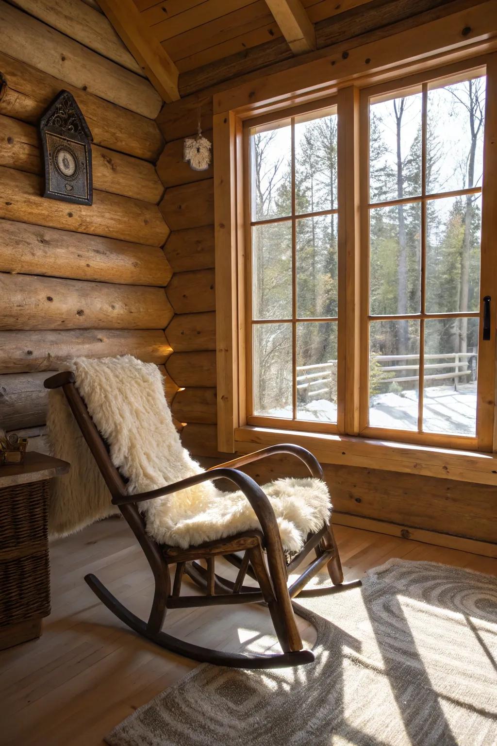 A snug window corner invites relaxation with a view, offering a peaceful escape within the cabin.