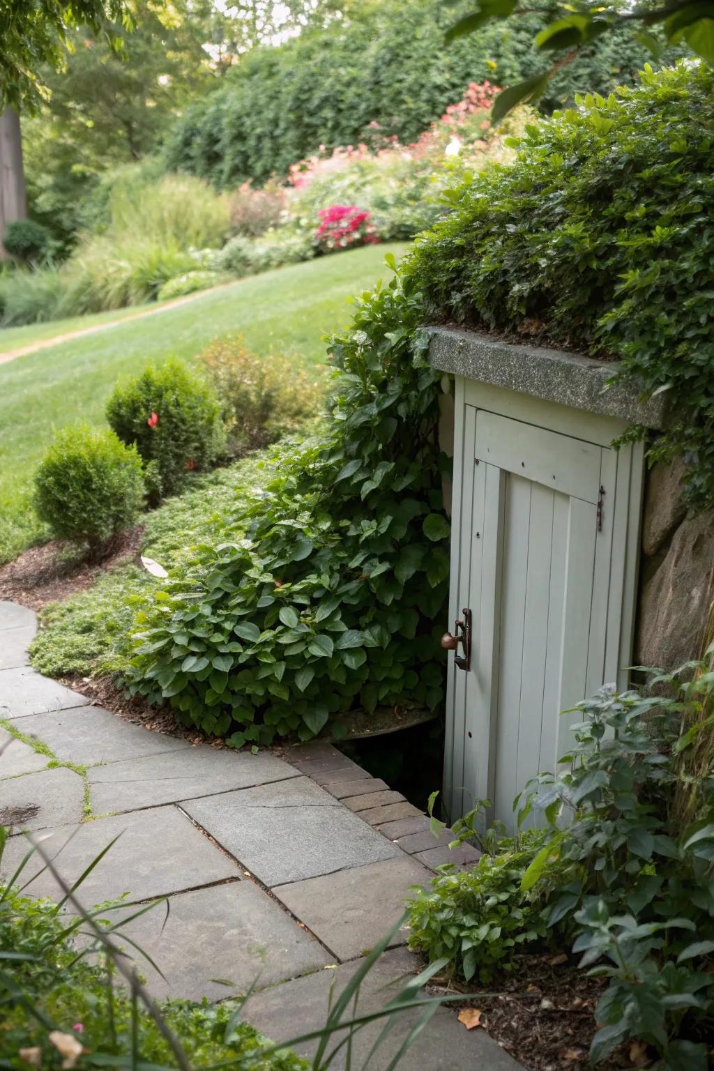 Camouflaging with plants makes your basement entryway blend into the garden.