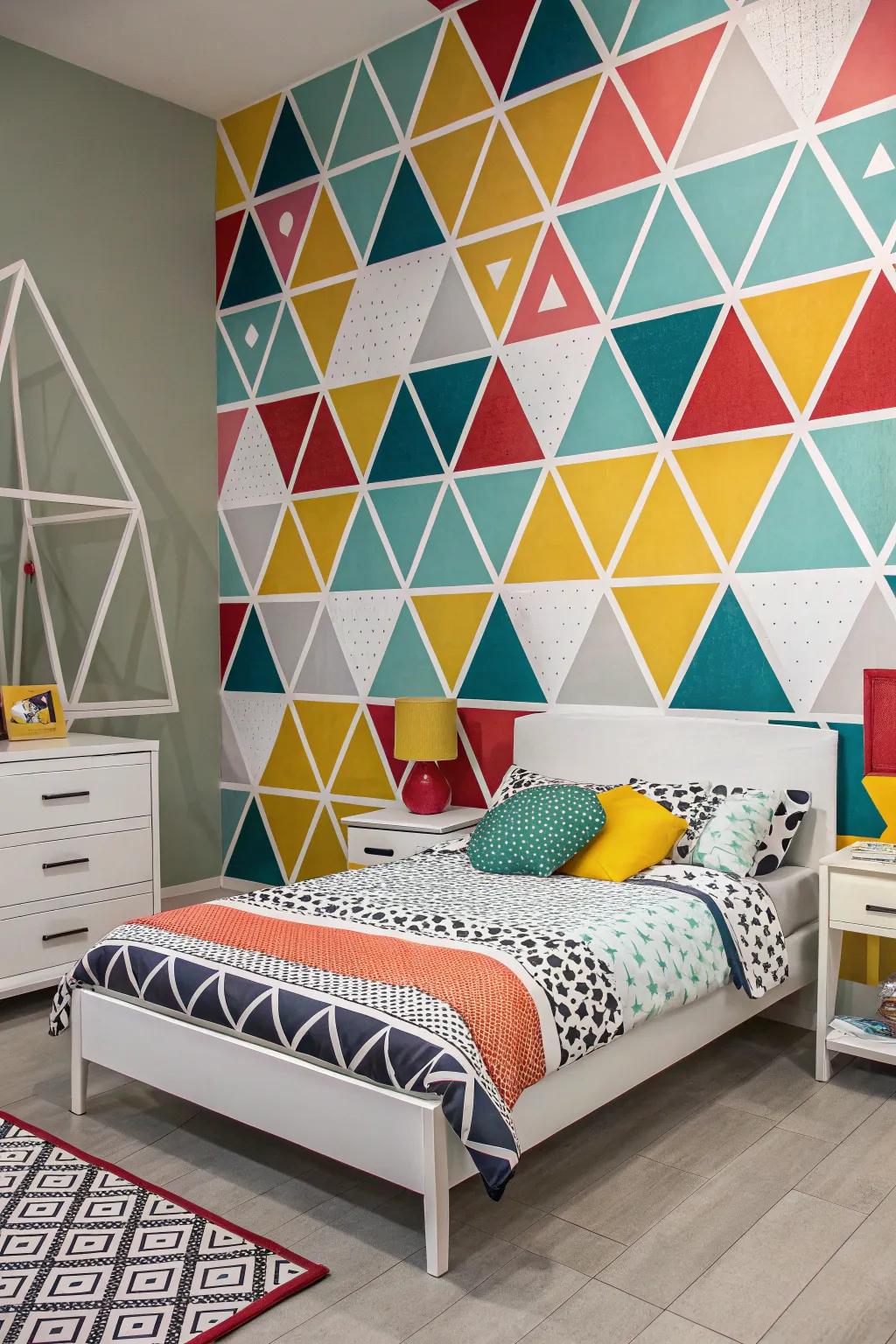A geometric-inspired bedroom featuring bold and modern designs.