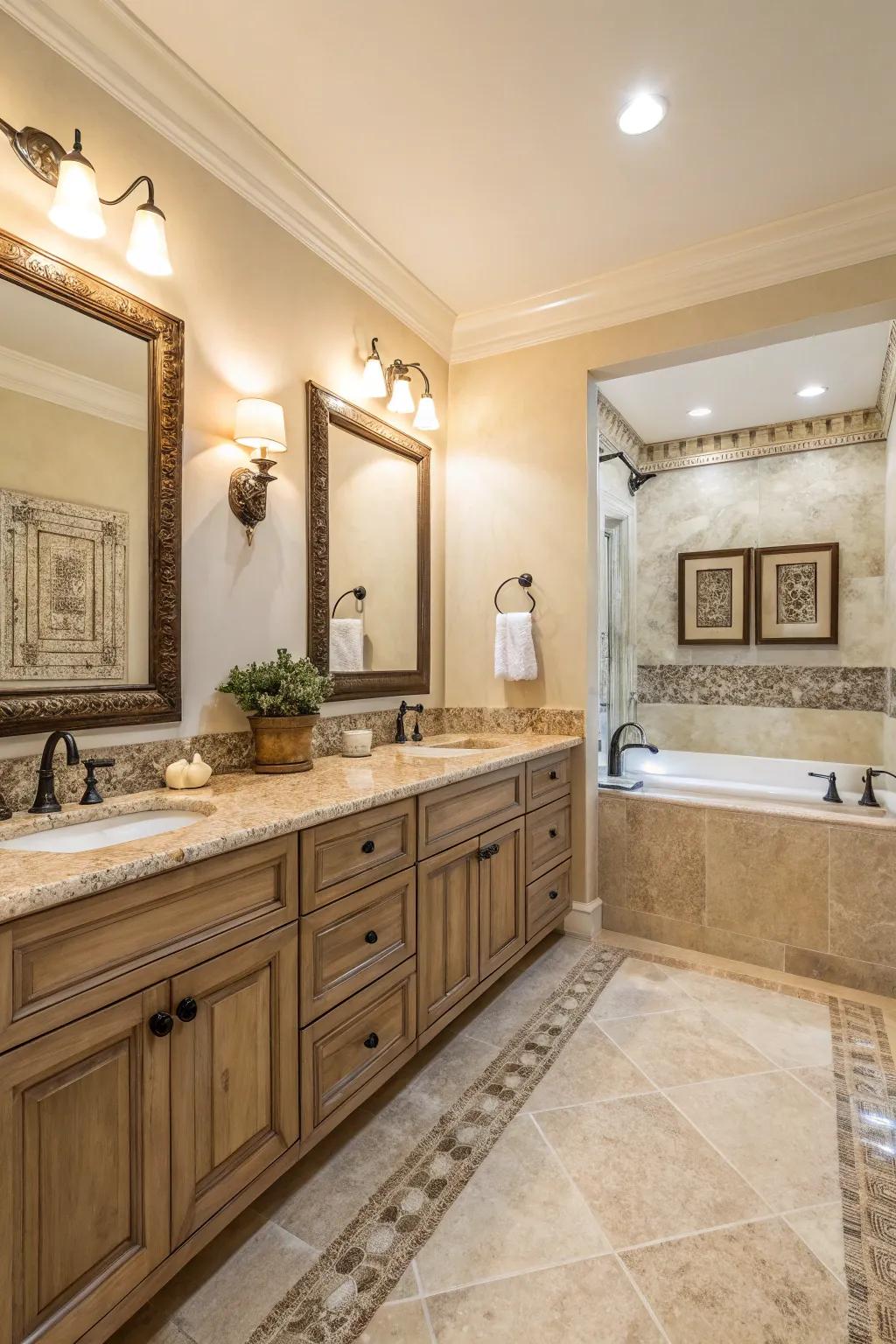 Natural stone details add beauty to this creamy bathroom.