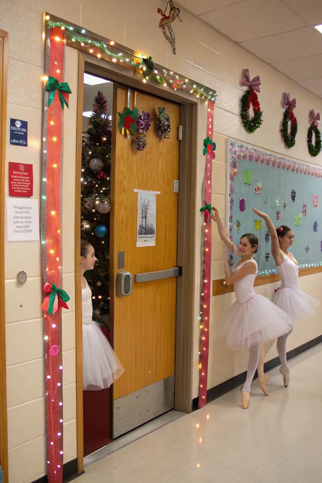 An educational doorway honoring the Nutcracker featuring refined dancers and baubles.