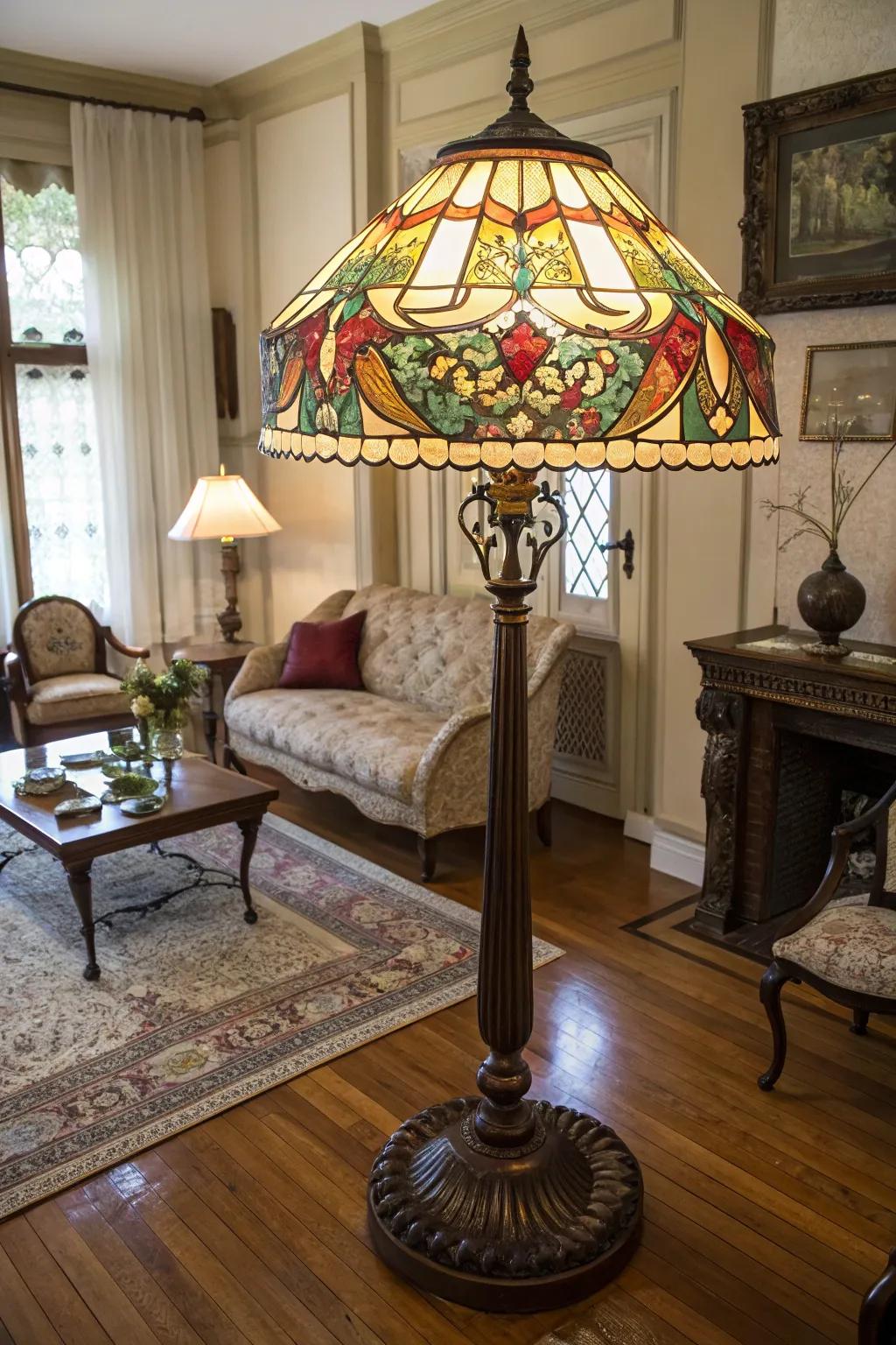 A Tiffany-style lamp adds a touch of timeless elegance with its stained glass design.