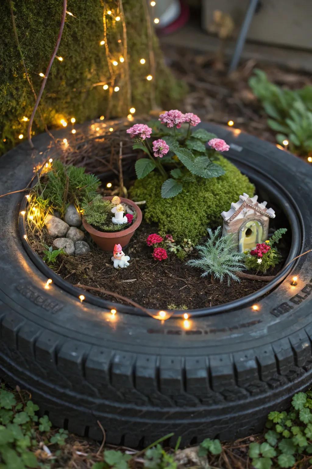 Magical fairy garden crafted within a tire.
