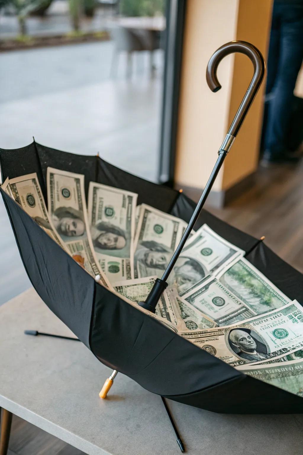 A weather shelter that 'rains' funds for a unique spectacle.