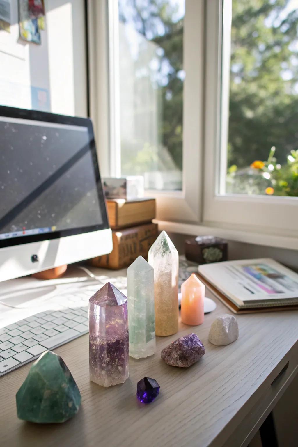 An inspiring workspace features focus-enhancing crystals.
