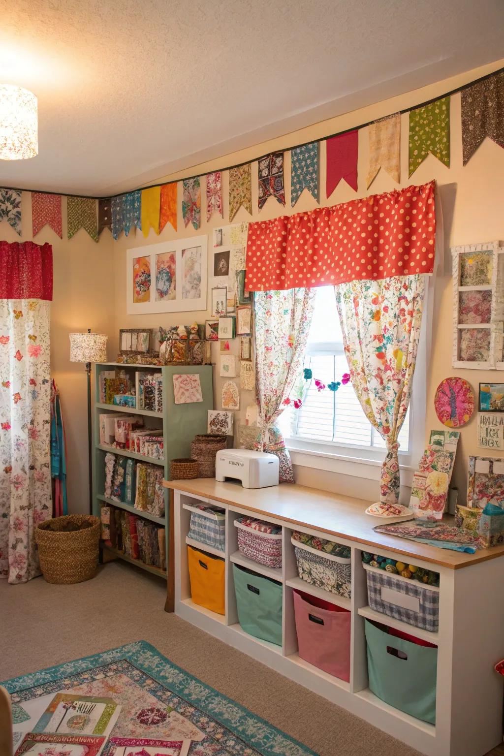 Exhibit ingenuity with patchwork valances in your craft space.