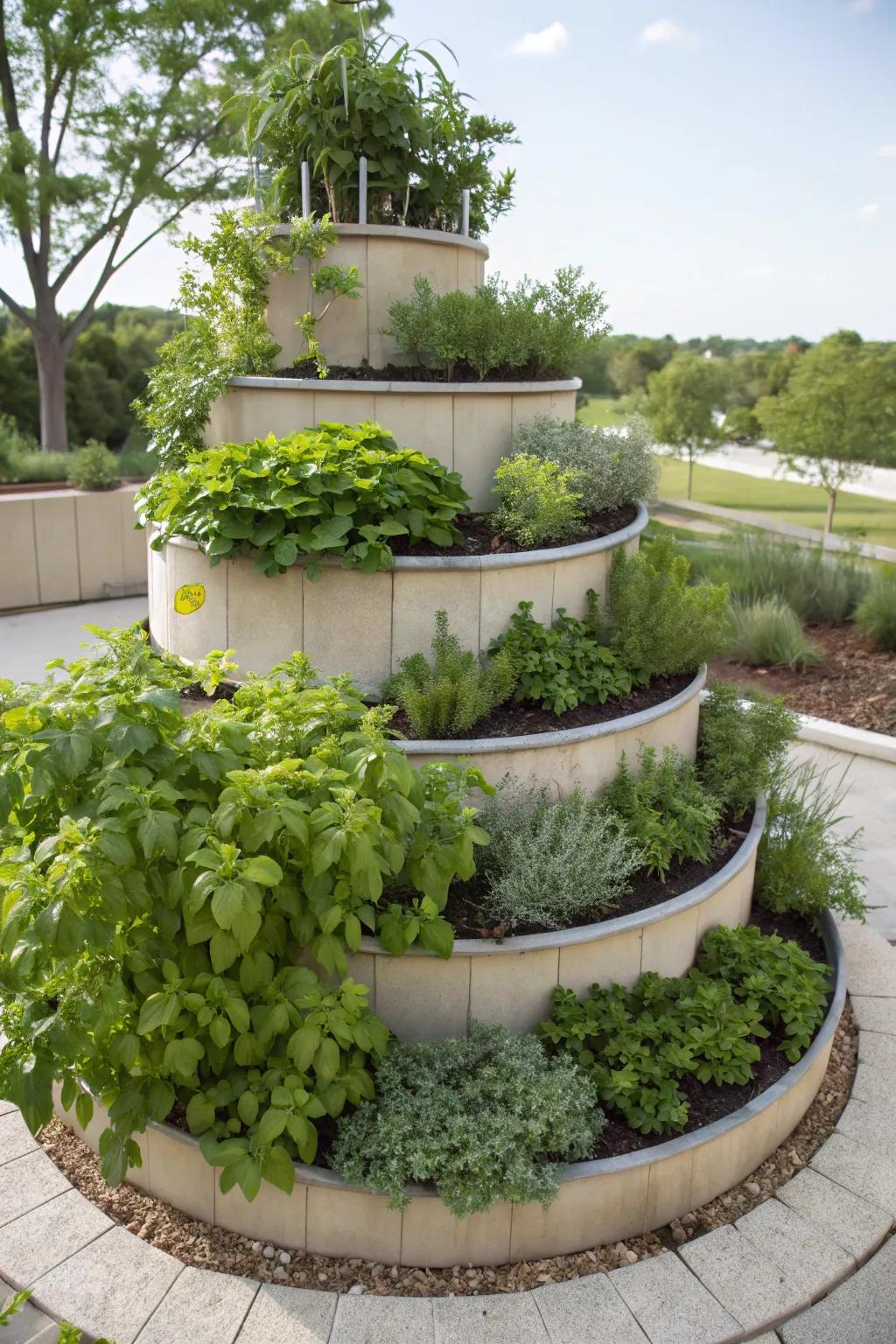 A herb tower uses space well and is easy to get to in your garden.