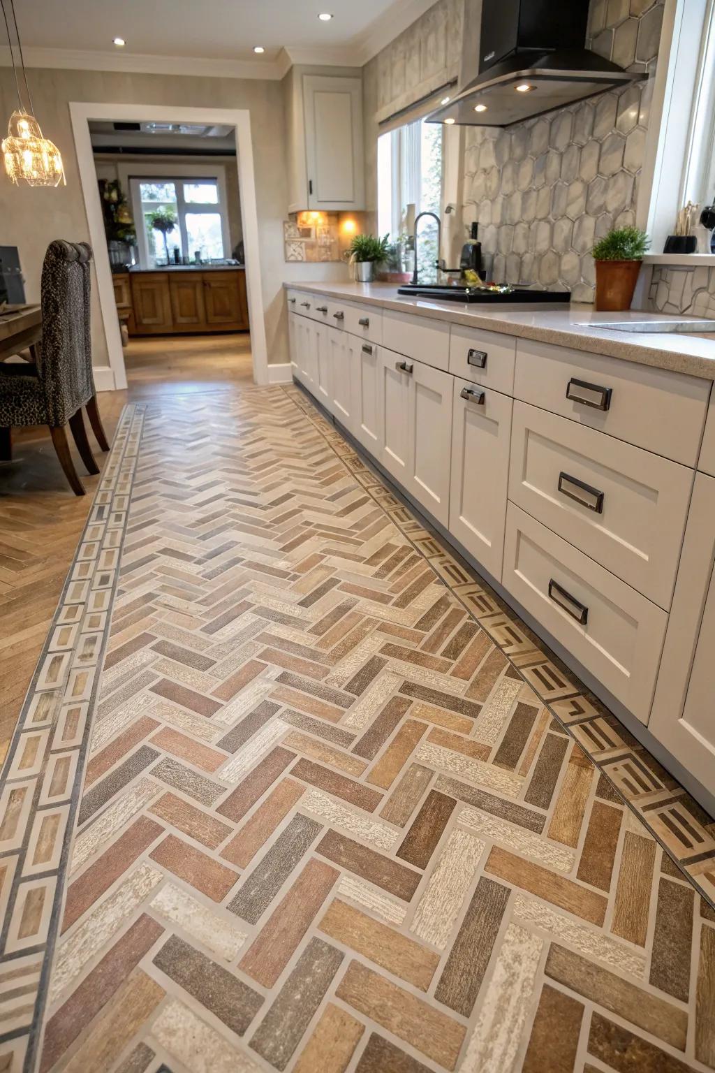 Patterned floor tiles add elegance and visual interest.