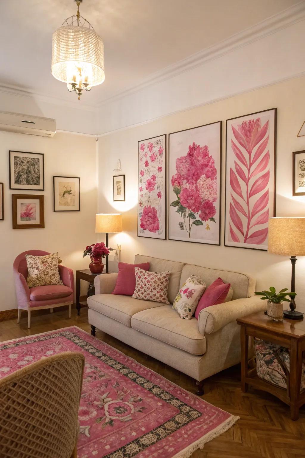 Rose artwork adds individuality and character to the room.