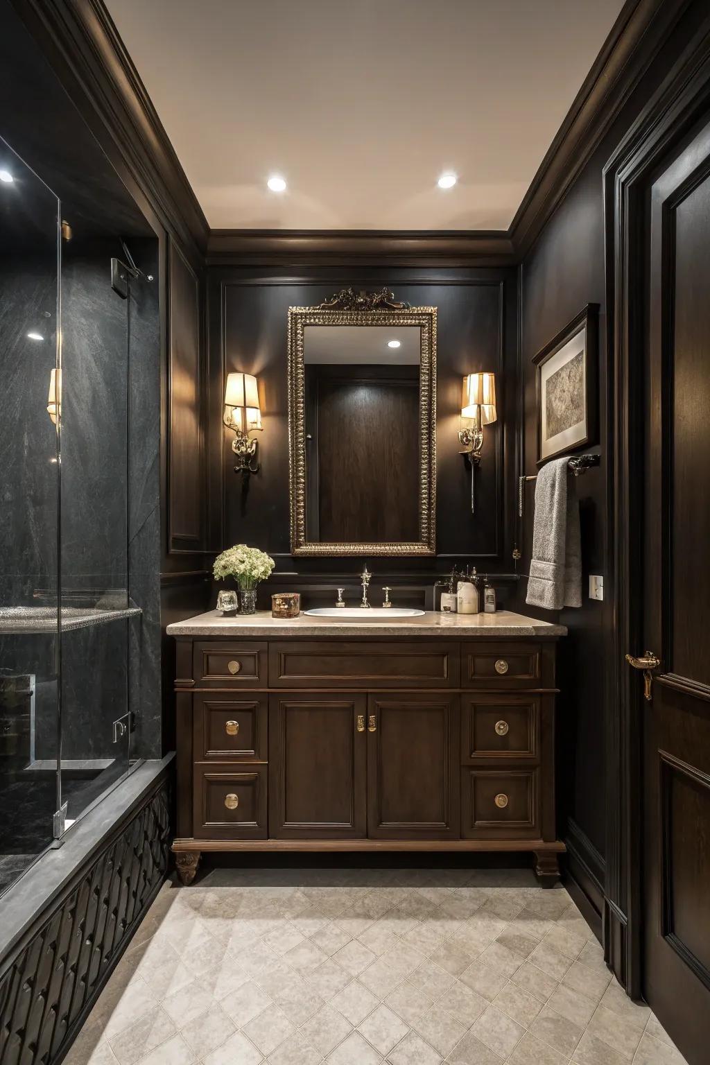 Dark walls add unexpected elegance to a bathroom with a dark brown vanity.