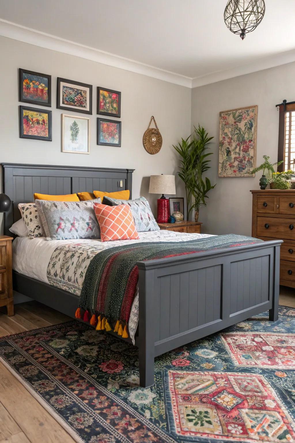 A unique mix of styles infuses personality into a charcoal-themed bedroom.