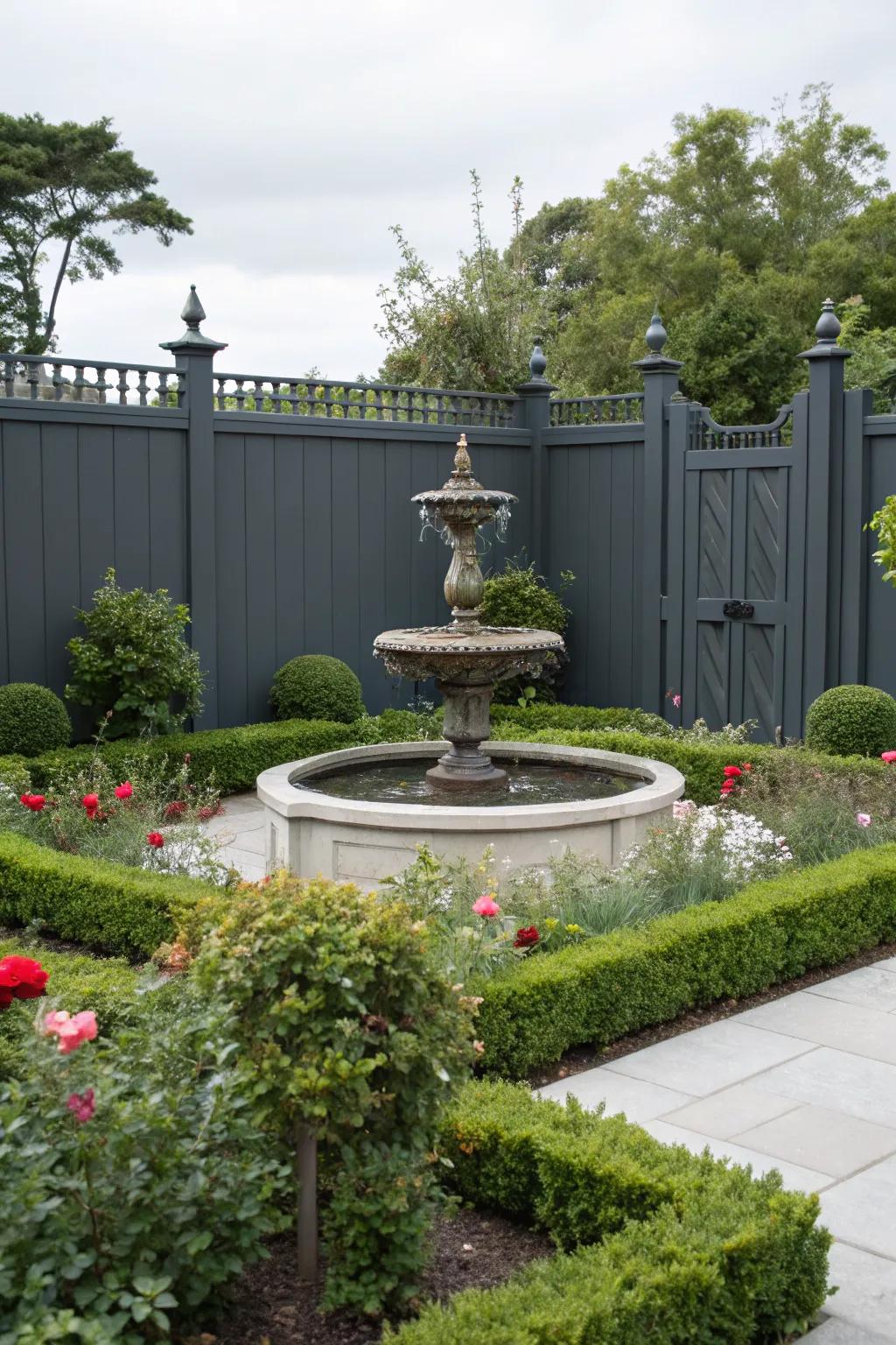 A charcoal-toned enclosure highlights a beautiful water feature as a garden centerpiece.