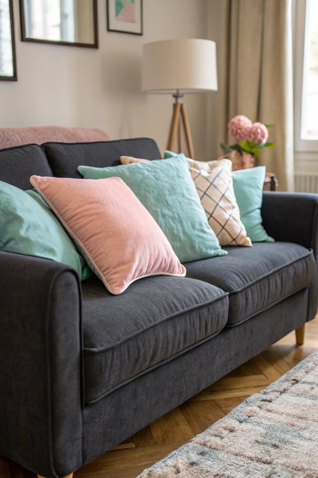 Pastel colors append a gentle and soothing accent to a gray couch setting.