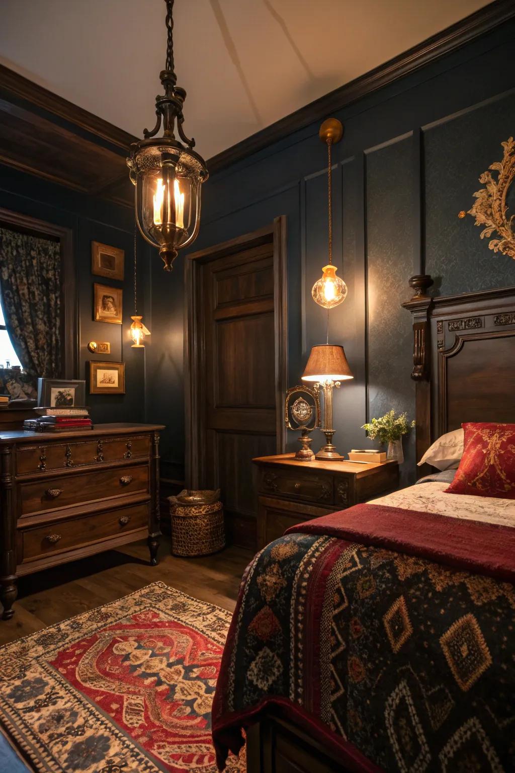 Smart lighting solutions offer customizable ambiance in a shadowy, old-fashioned bedroom.