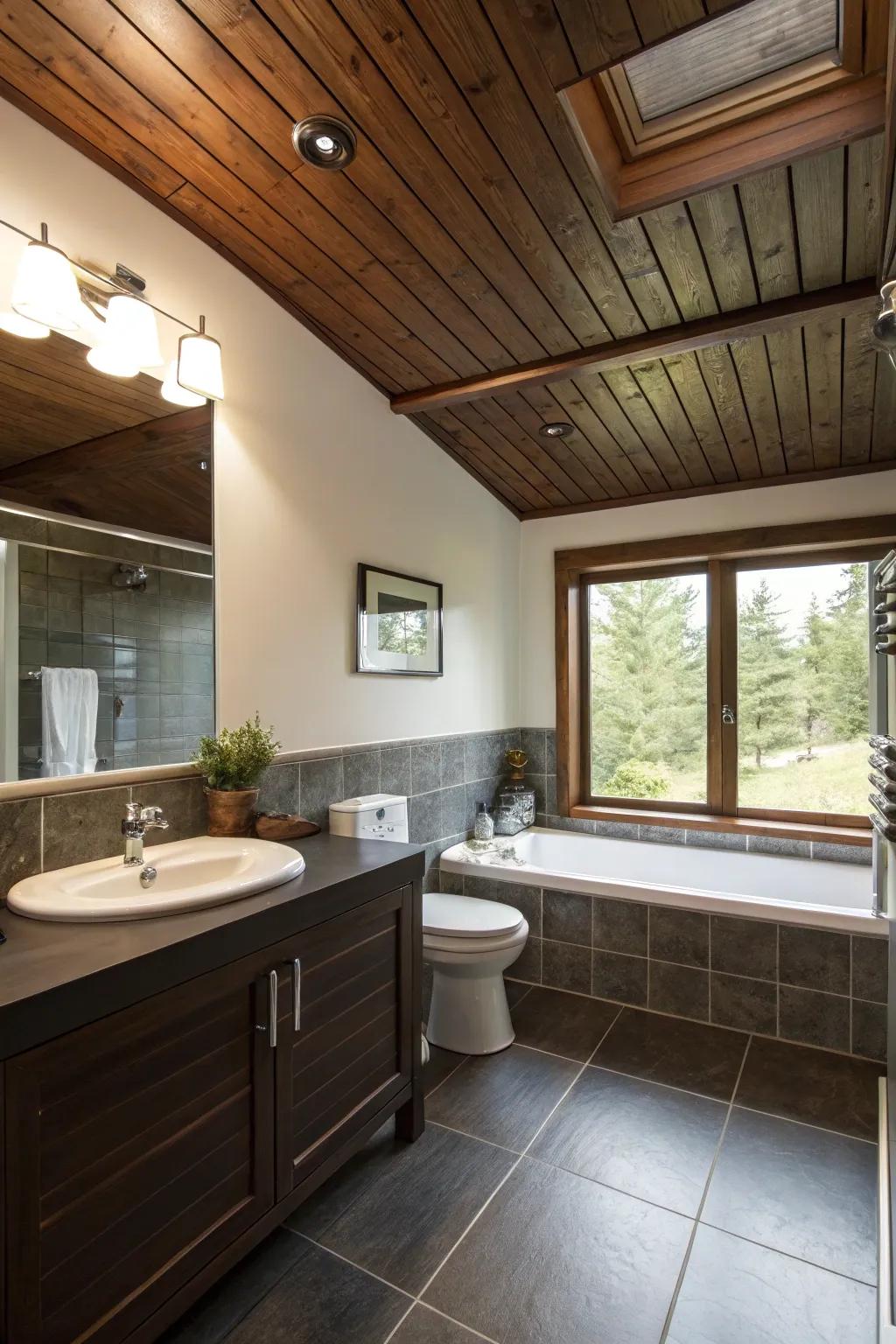 A mahogany feature overhead adds an unexpected twist to this bathroom.