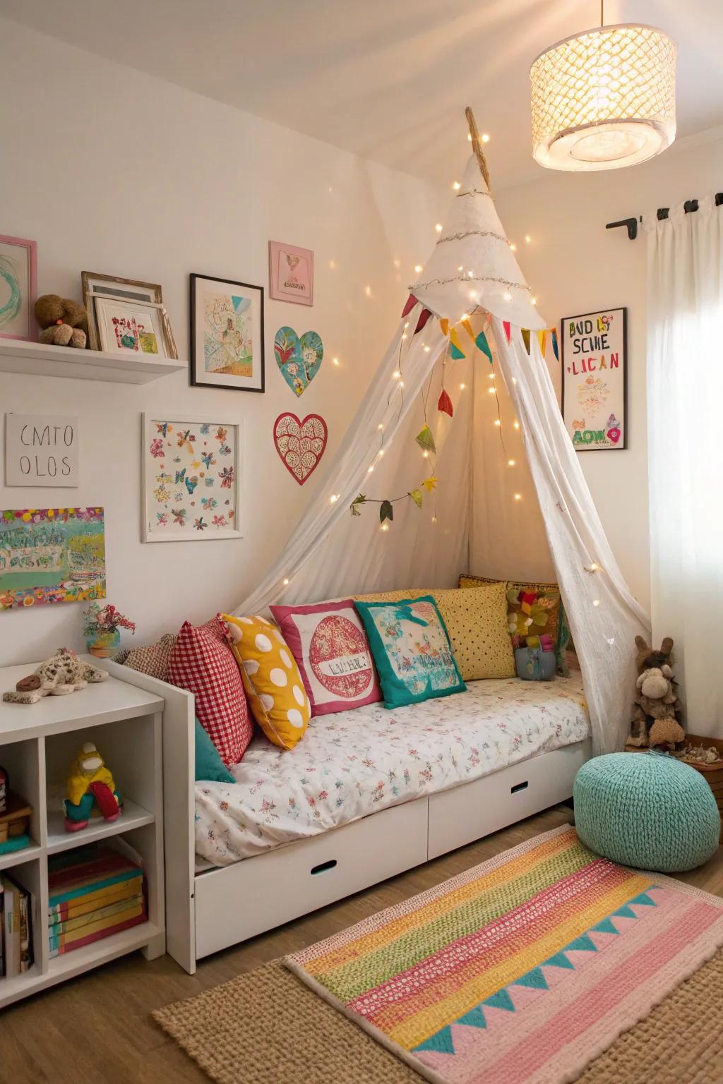 A child-safe daybed setup featuring playful colors and soft materials.