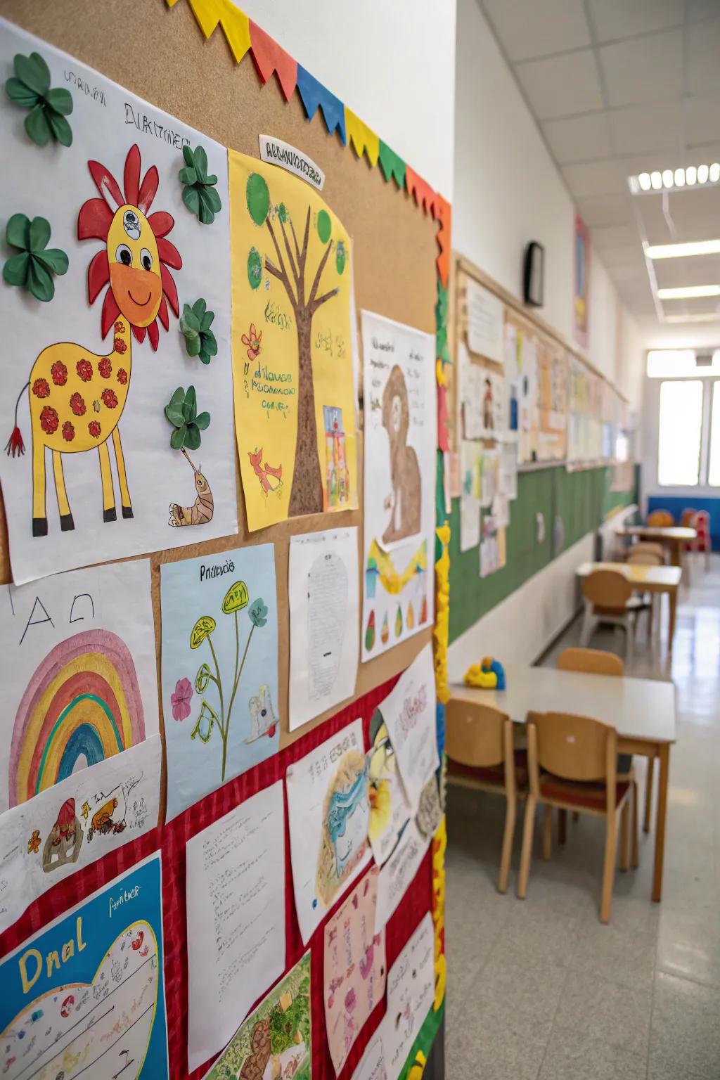 Crafty Creatures bulletin board showcasing children's inventive artwork.