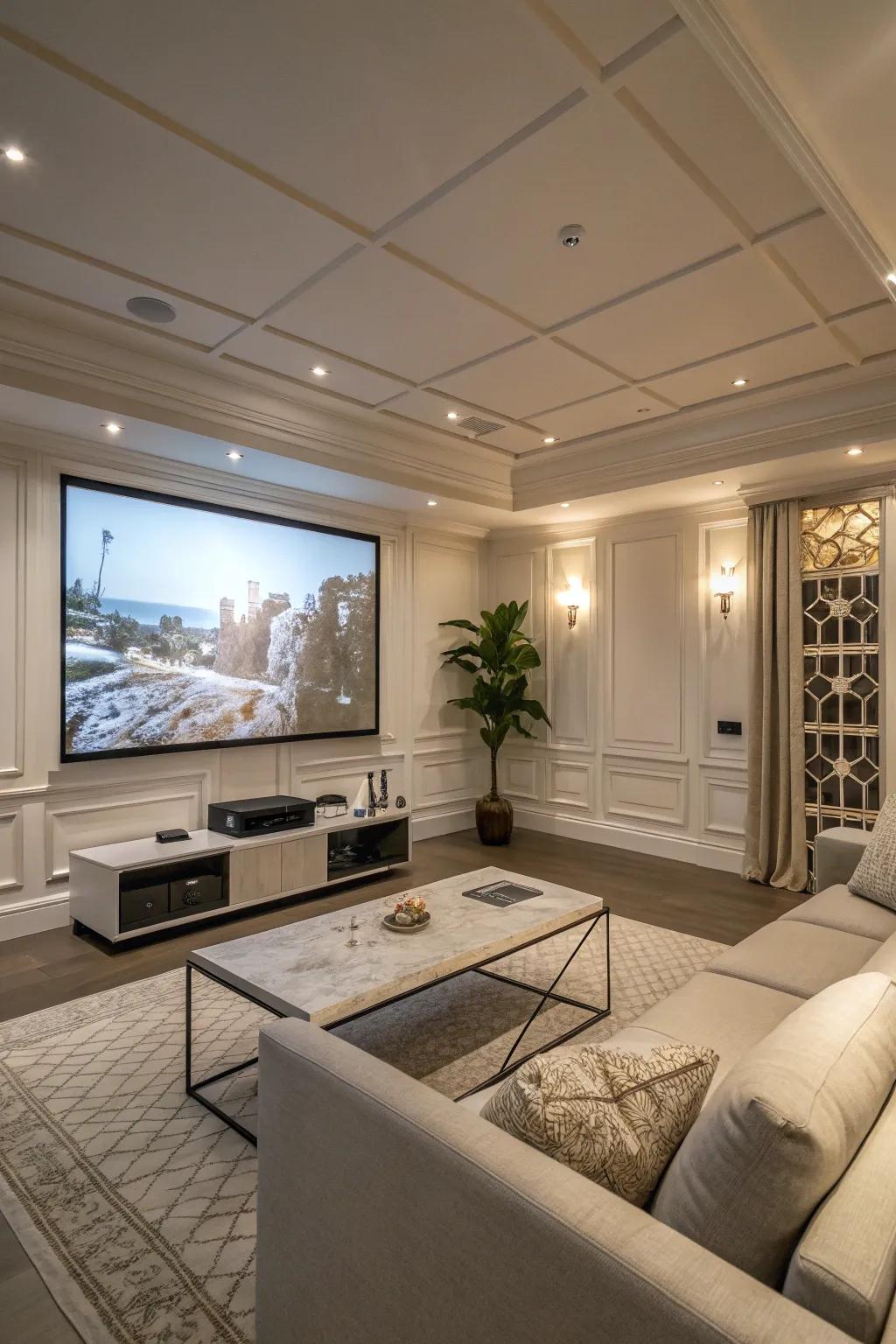 A projector delivers a sleek, unobtrusive substitute to a customary TV.