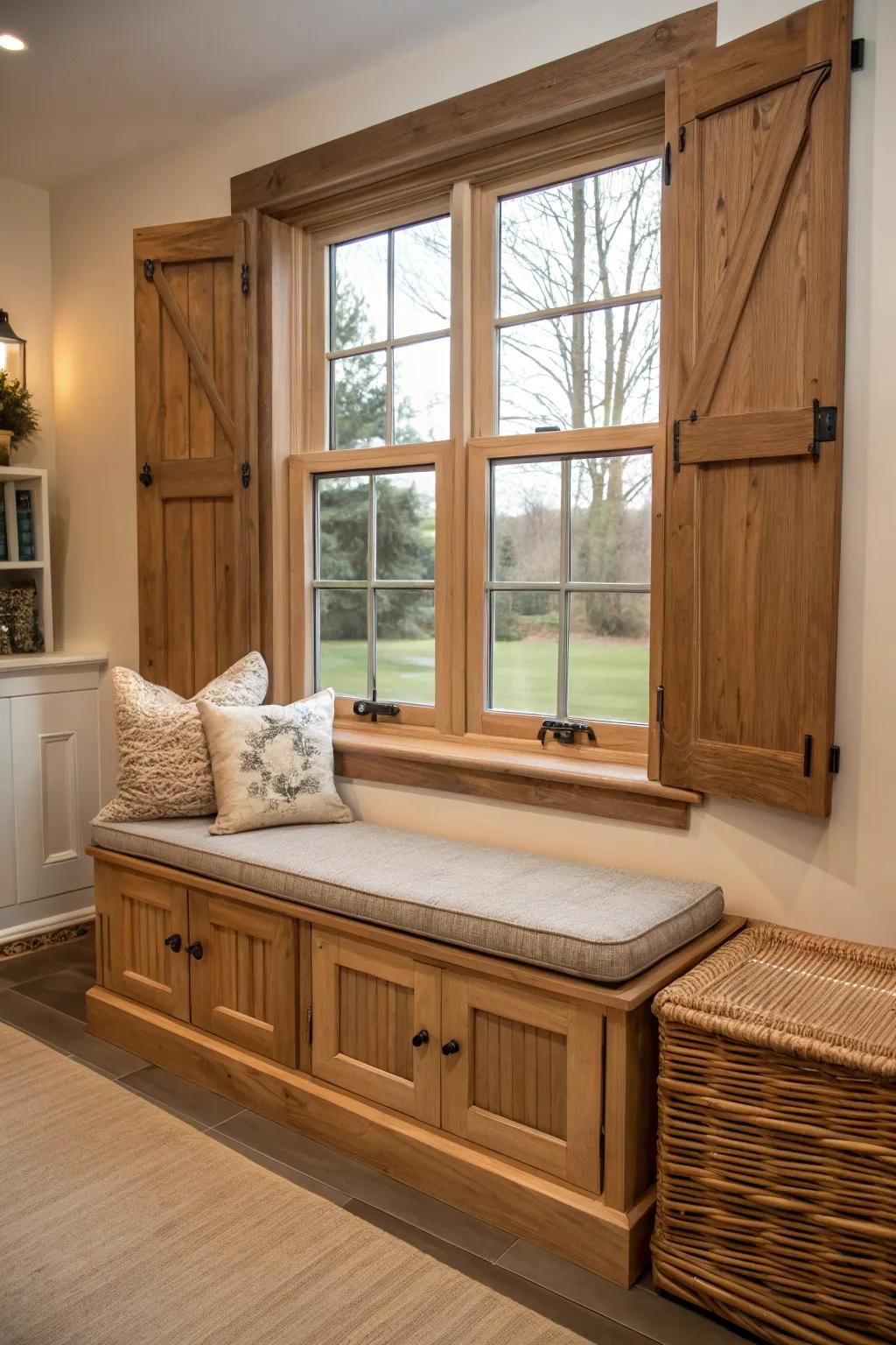 A bench situated beneath a window enhances practicality, furnishing supplemental seating.