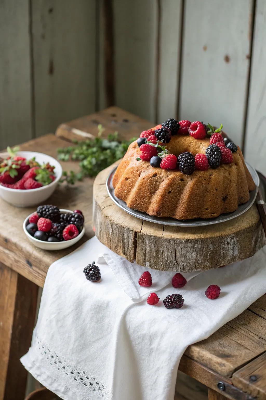 A ring cake beautifully crowned with an array of farm-fresh berries.