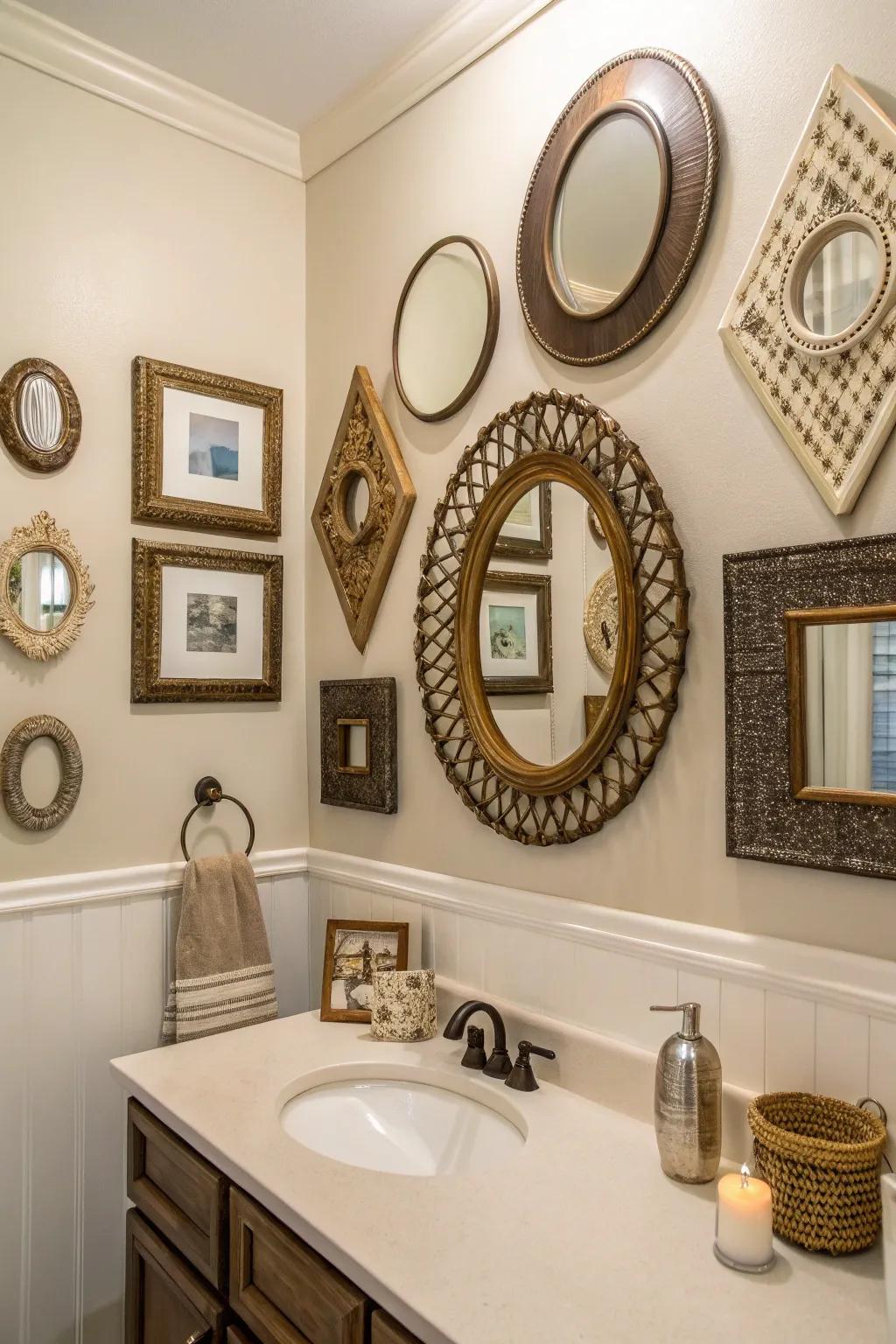 A curated assemblage of mirrors infuses whimsy and charm.