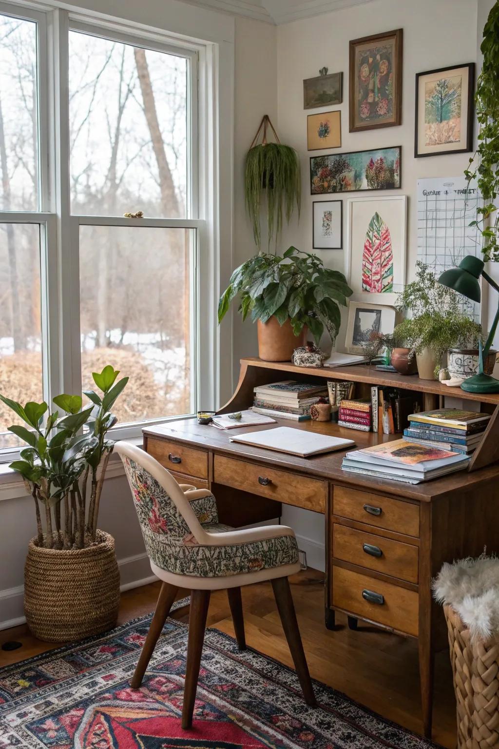 Eclectic decor infuses the workspace with personality.