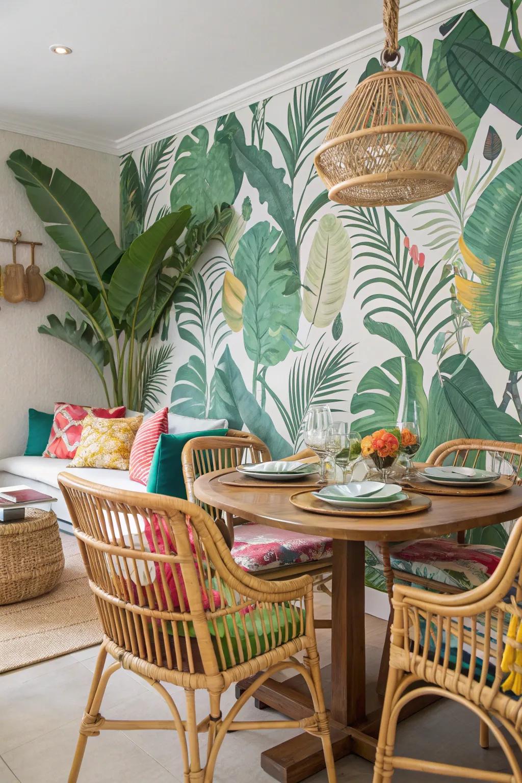 Tropical leaf wallpaper transmutes the dining room into a vibrant haven.