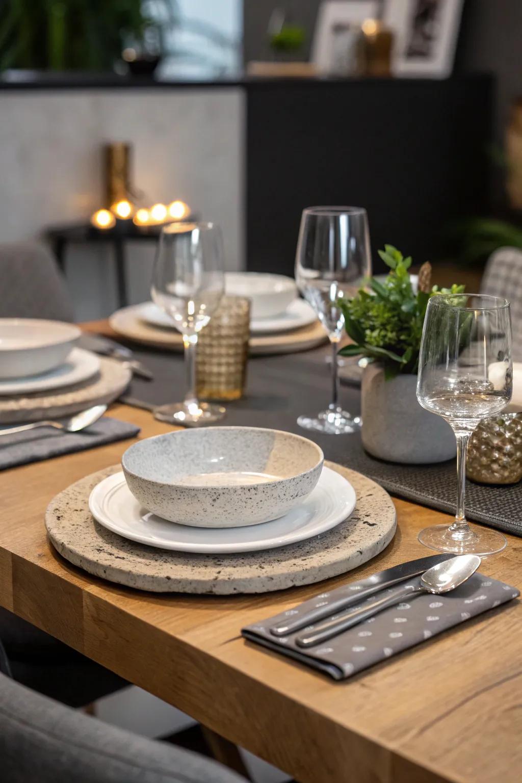 Unconventional materials like hardened clay imbue a modern flair to the table.