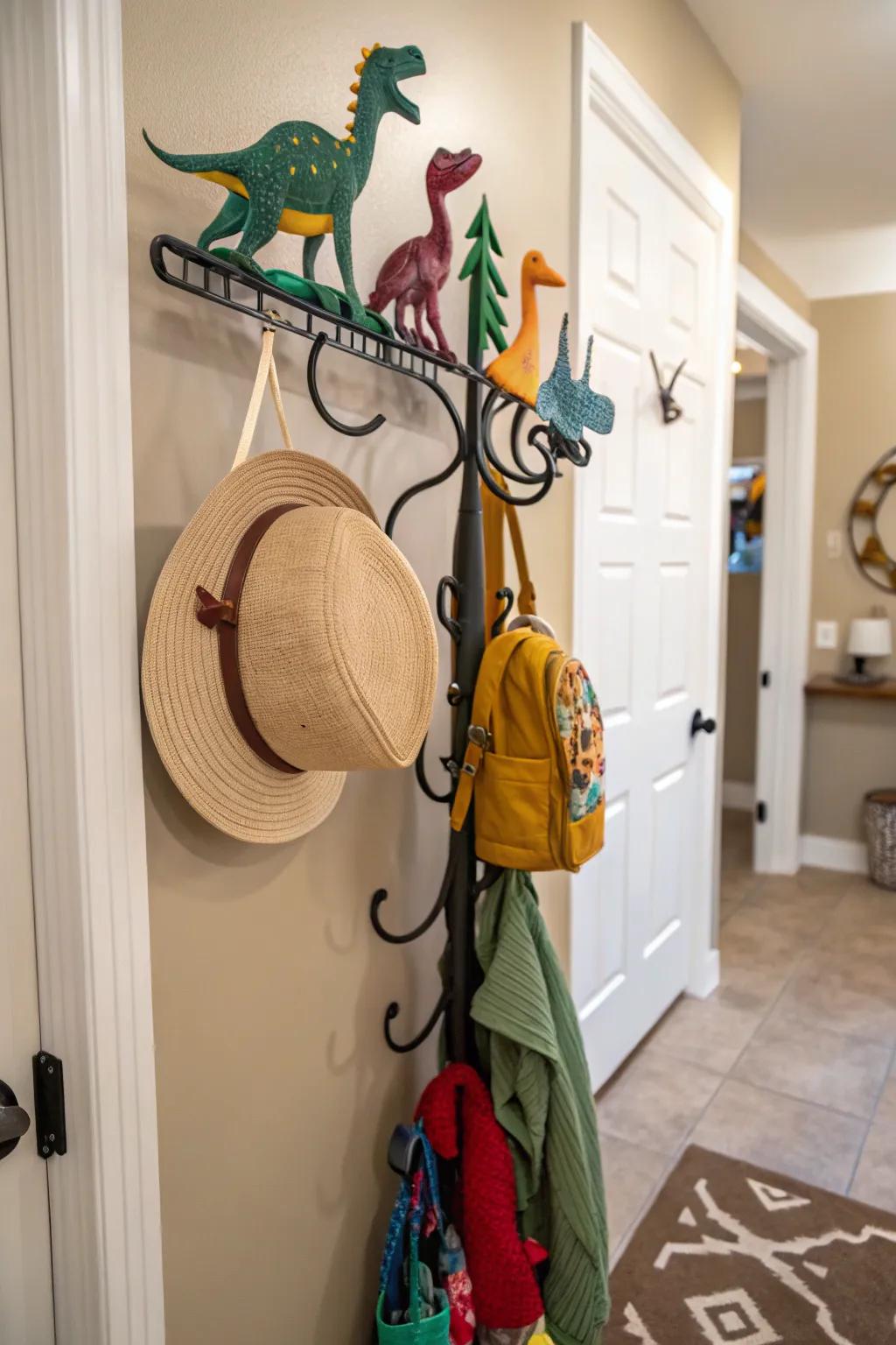 A reptile-themed hat rack infusing enjoyment to neatness.