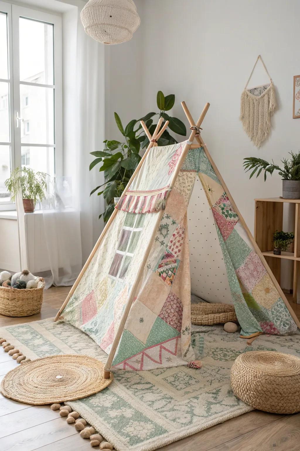 Create a cozy retreat with a vintage bedspread tent, where every patch tells a story.