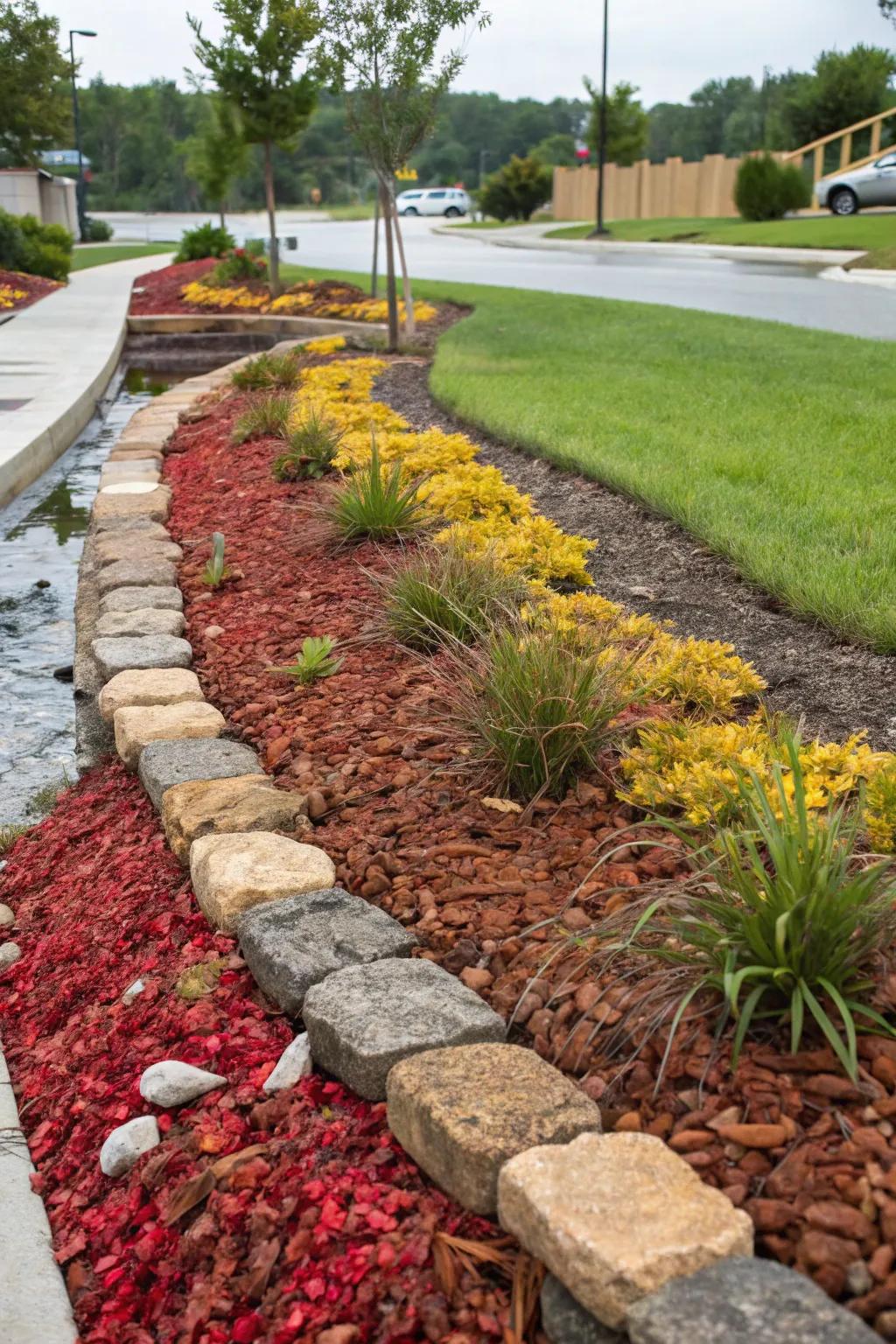 Vibrant mulches infuse a splash of color into any drainage swale.