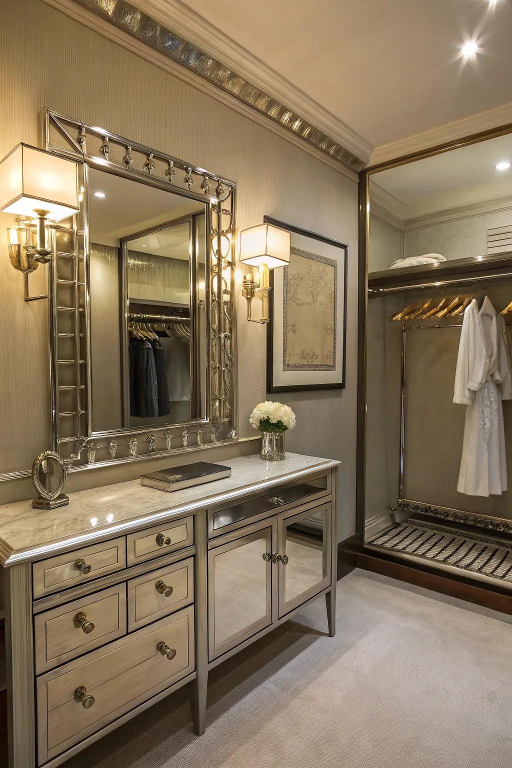 Metallic touches amplify the sophistication of your dressing space.