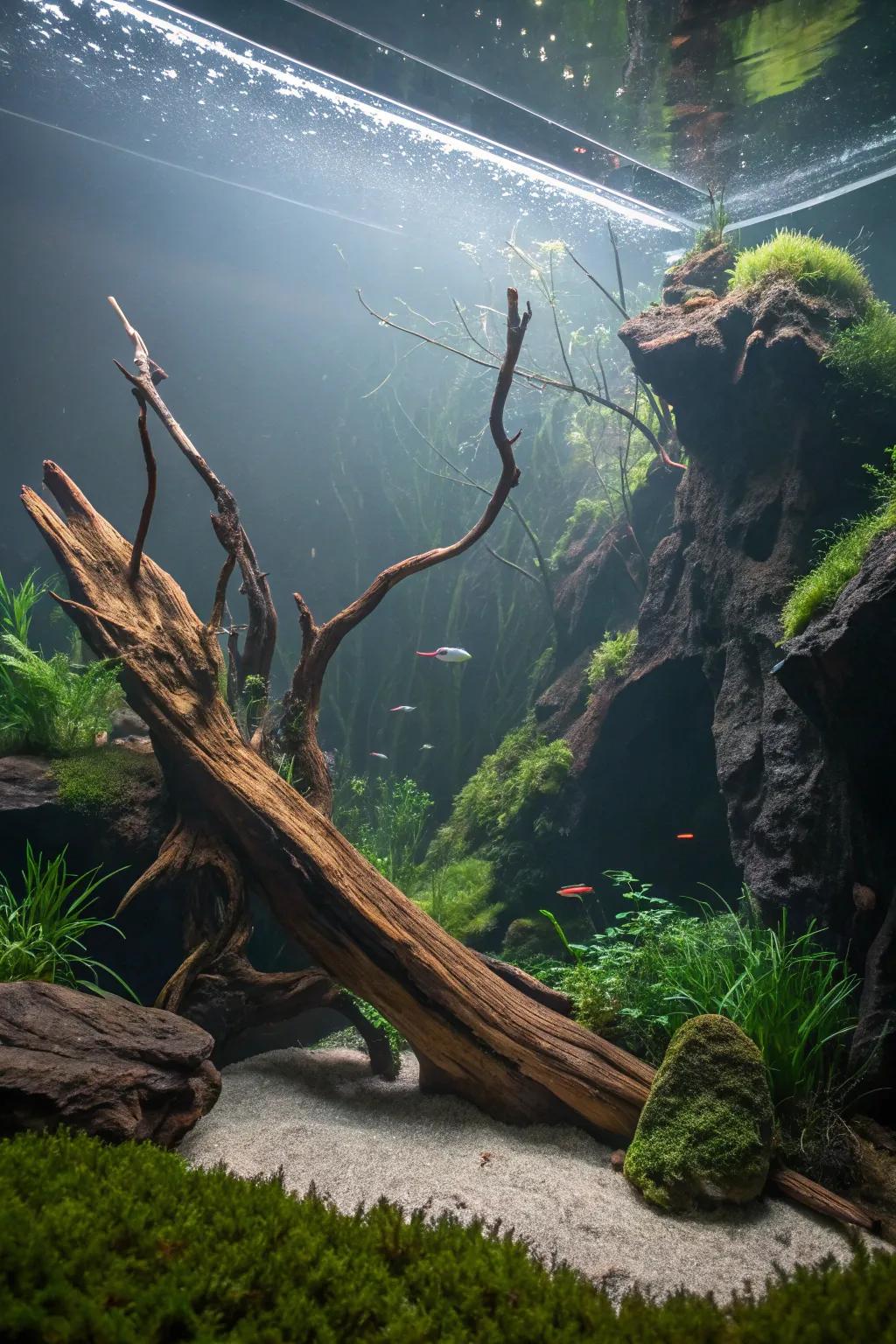 An eerie mystic marsh aquarium showcasing moss-covered bogwood.